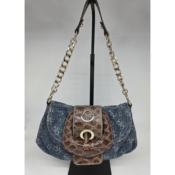 Vintage Y2K Guess Denim Croc Embossed Buckle Bag Gold Chain Vegan Leather Blue - Picture 1 of 16